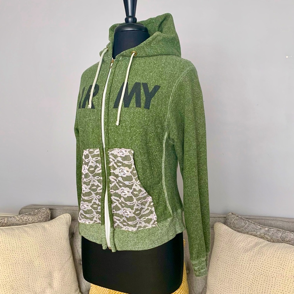 Woman’s Urban Renewal Olive Green Hoodie Jacket with Lace Pockets